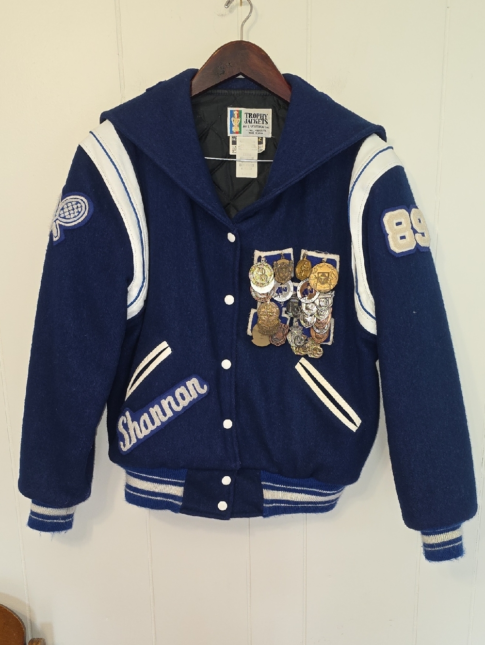 Vintage 1989 Blue White Wool Blend Leather Awards Letter Jacket Womens L Preppy